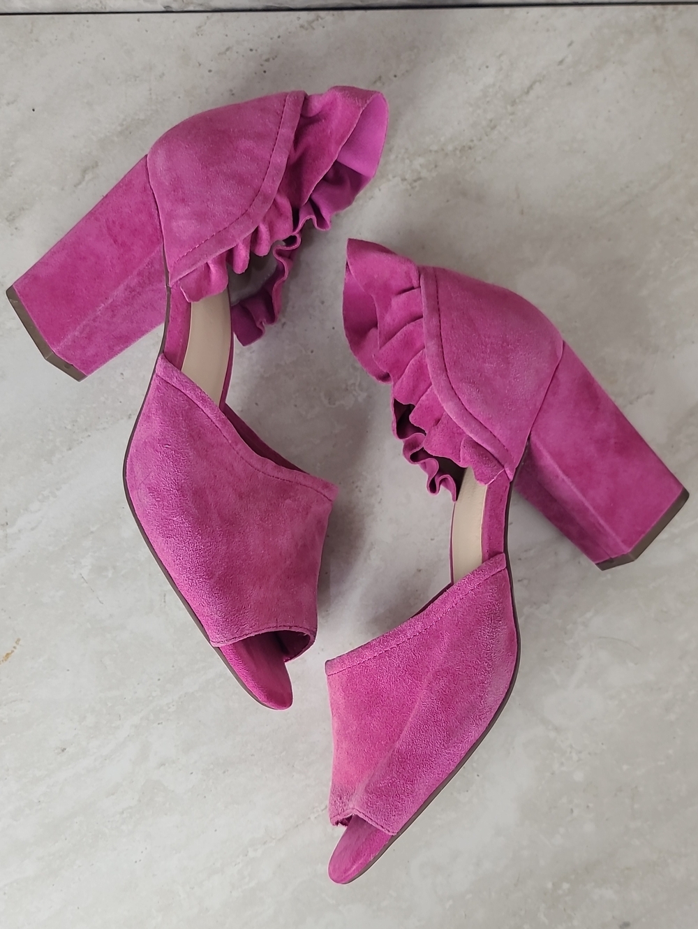 Seychelles TROPICAL Liendo Pink Suede Open-Toe Ruffle Block Heel Sandals 10 - Picture 9 of 13